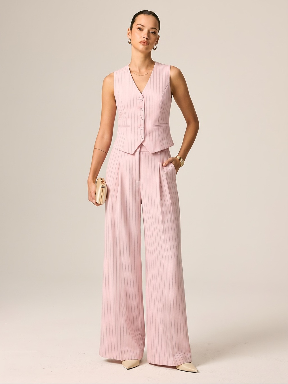 NWT Commense M Linen & Cotton 2 piece set Women's Pink Pinstripe Wide-Leg Pants